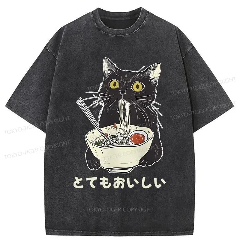 Tokyo-Tiger Cats Eat Ramen Noodles Washed T-Shirt