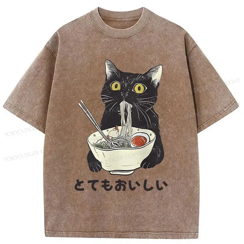 Tokyo-Tiger Cats Eat Ramen Noodles Washed T-Shirt