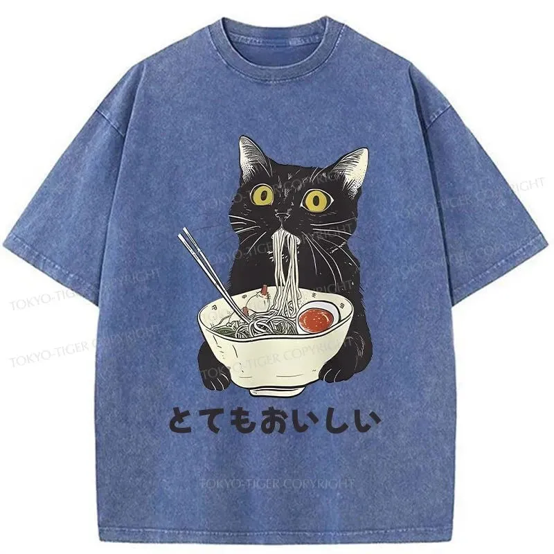 Tokyo-Tiger Cats Eat Ramen Noodles Washed T-Shirt