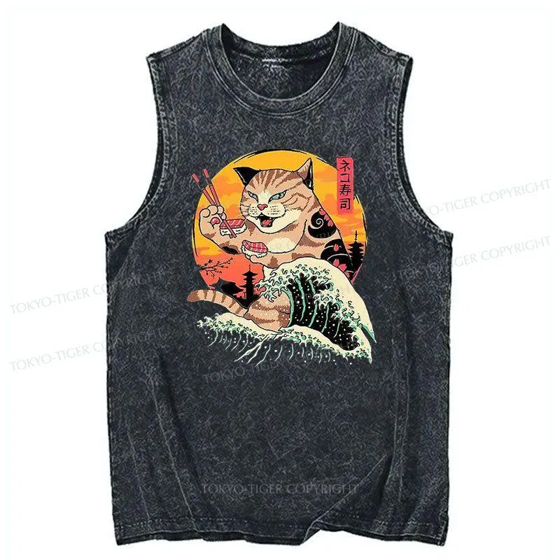 Tokyo-Tiger CatZilla Eating Sushi Wave Cotton Wash Tank