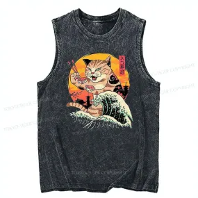 Tokyo-Tiger CatZilla Eating Sushi Wave Cotton Wash Tank