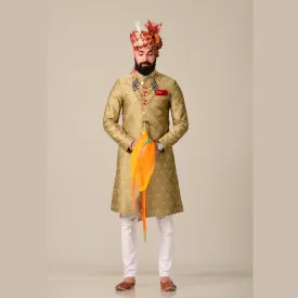 Traditional Pebble Gold Brocade Silk Designer Sherwani
