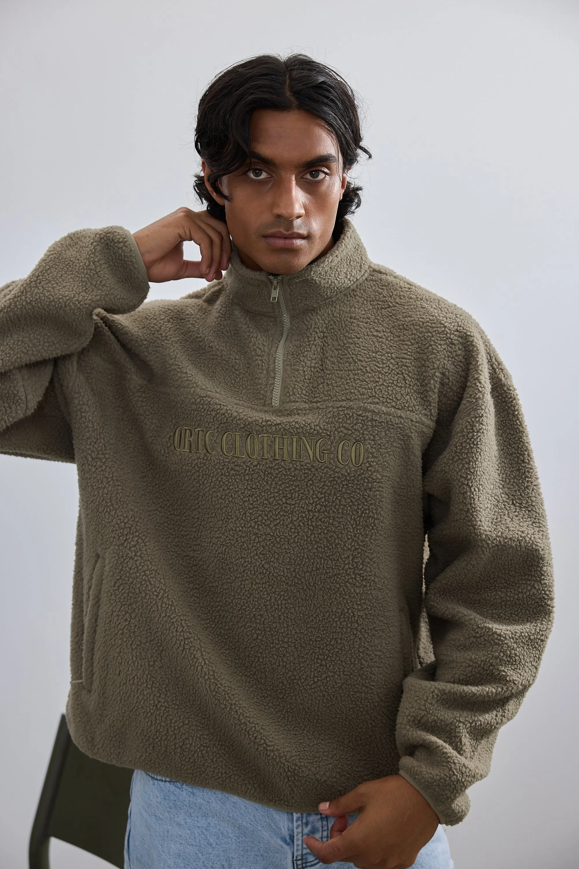 Unisex Sherpa Fleece Logo Quarter Zip Moss