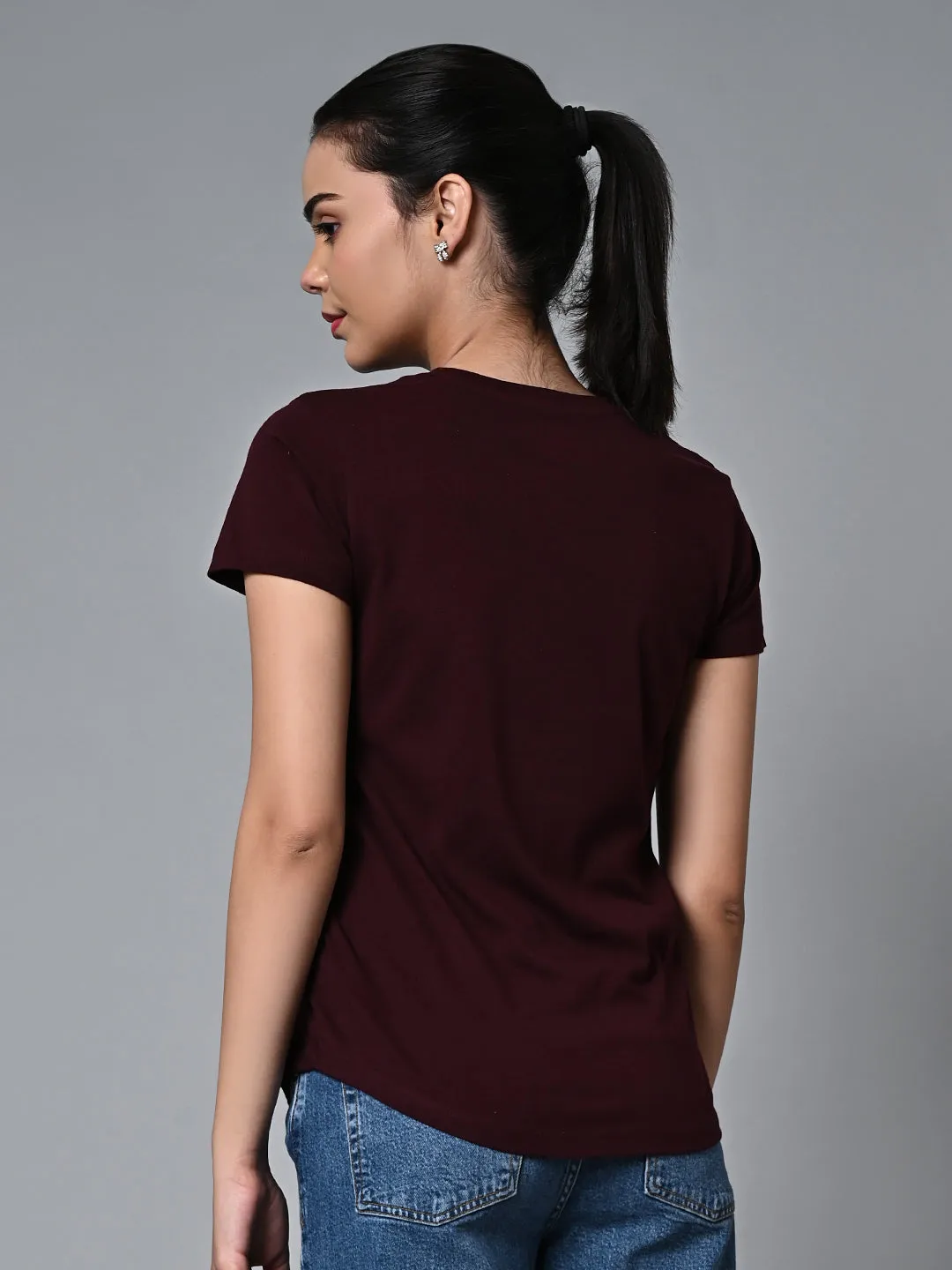 Women's Wine Cotton Regular Fit Tshirt